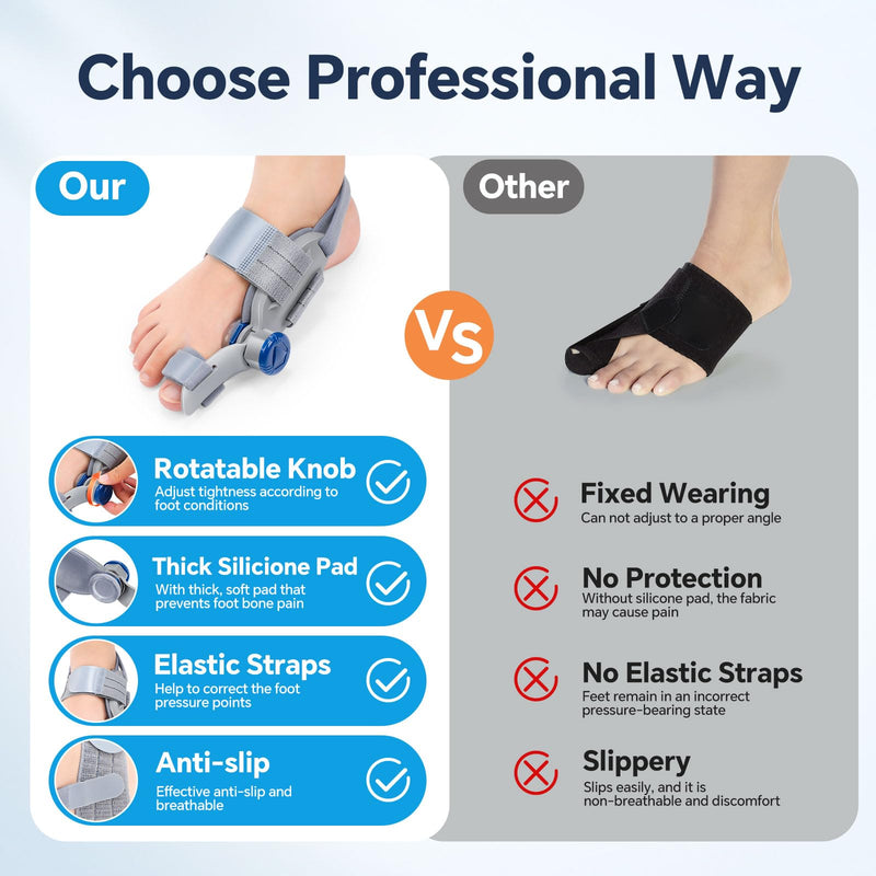 2 Pack Bunion Corrector for Men & Women, Adjustable Knob Toe Splint with Silicone Pads, Bunion Relief Brace with Dual Toe Straps, Night & Day Use, Fits Left & Right Foot DOUBLE
