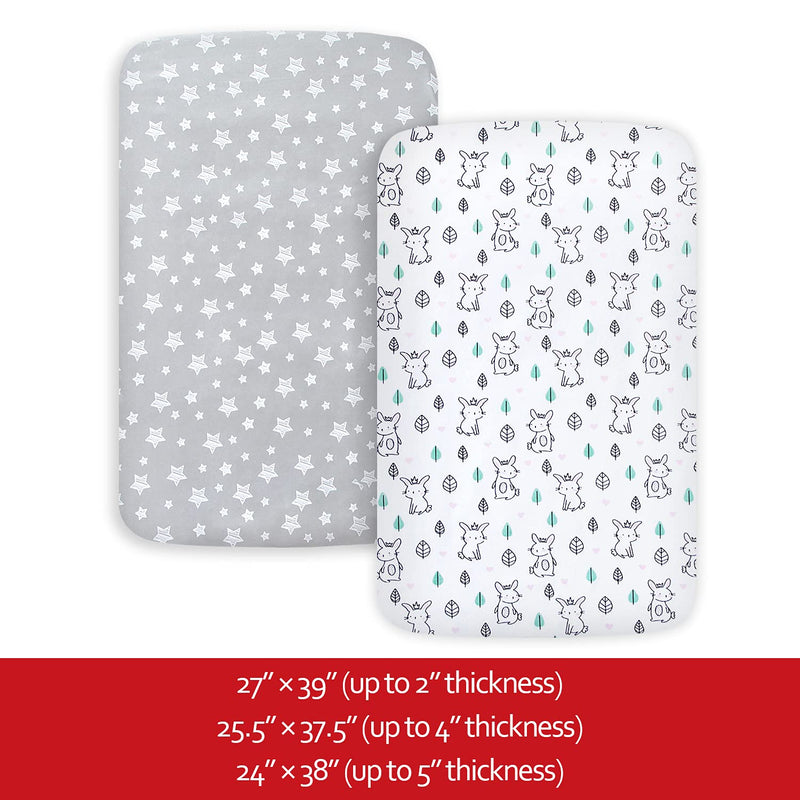 [Australia] - Pack and Play Sheets, 2 Pack Mini Crib Sheets, Stretchy Playard Fitted Sheet, Compatible with Graco Pack n Play, Soft and Breathable Material, Stars & Bunny Stars&bunny playard sheet 