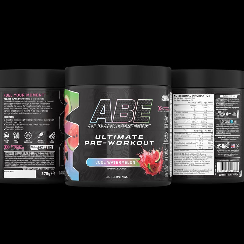 Applied Nutrition Bundle ABE Pre Workout 375g + ABE Black Shaker 400ml | All Black Everything Pre Workout Powder, Energy Drink, Physical Performance, Creatine, Beta Alanine, Caffeine (Cool Watermelon) Cool Watermelon Shaker 400 ml