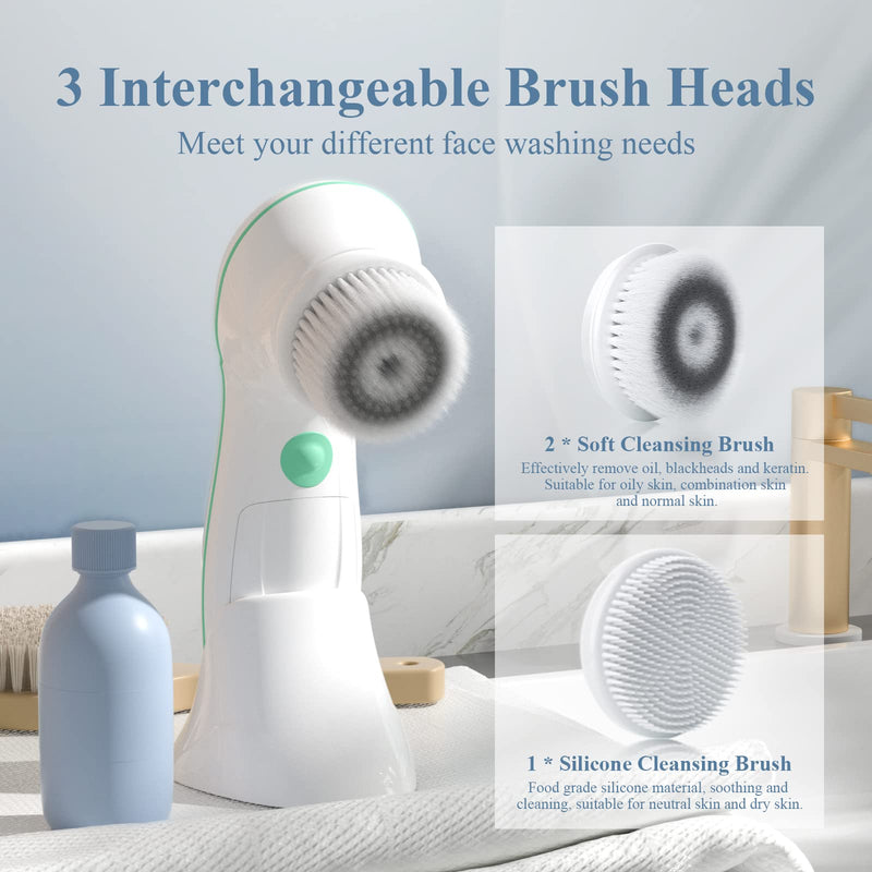 TOUCHBeauty Facial Cleansing Brush Electric, Face Cleansing Brush with Stand, 3 Brush Heads, 2 Speeds, IPX5 Waterproof, Battery-Powered, Suitable for All Skin Types, TB-0759D White