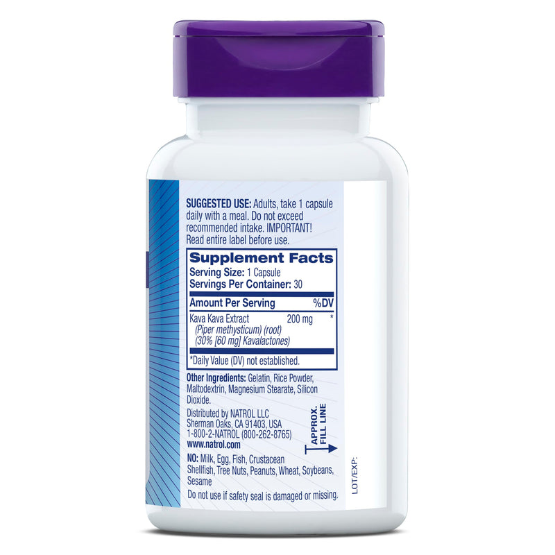 Natrol Mood & Stress Kava Kava 200mg, Dietary Supplement for Relaxation and Eases Tension, 30 Capsules, 15-30 Day Supply Unflavored 30 Count (Pack of 1)