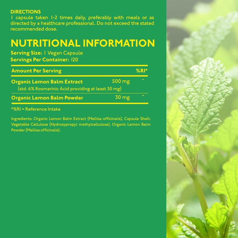 Organic Lemon Balm Extract | Standardised for 6% Rosmarinic Acid | 120 Vegan Lemon Balm Capsules (Melissa officinalis Leaf Extract) Made in The UK 120 count (Pack of 1)
