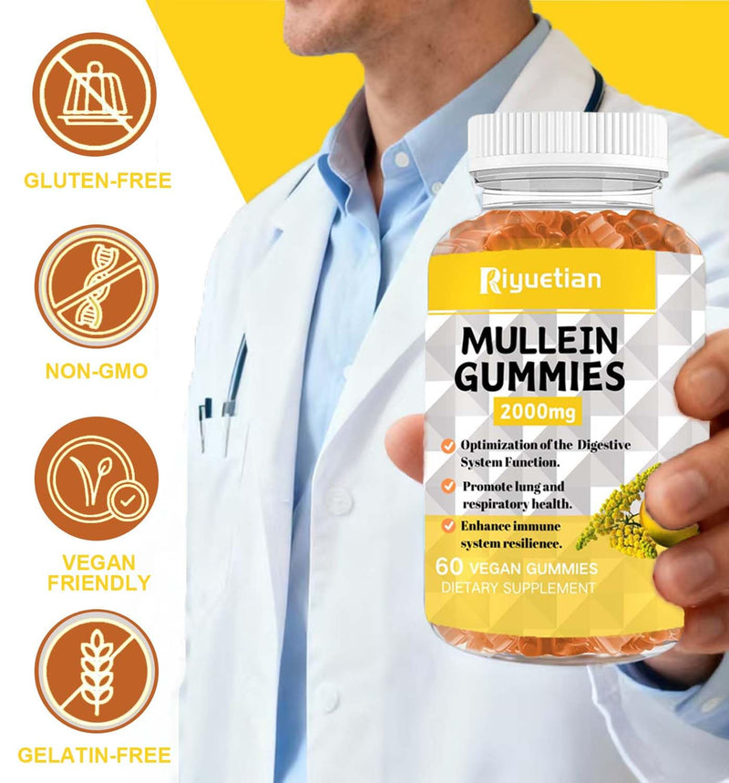 Mullein Gummies, 2000mg Organic Mullein Leaf Extract with Quercetin, Bromelain & Vitamin D3, Mullein Leaf Extract for Respiratory, Natural Lung Cleanse, Improve Appetite, Vegan, Non-GMO, 2 Pack 60 Count (Pack of 2)