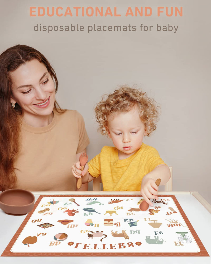 Babebay Disposable Placemats for Baby, 40 Pack Sticky Toddler Placemat for Restaurants, Dining Table, Party, Travel, 12" x 18" with 4 Designs Alphabet and Number 12x18 Inch (Pack of 40)