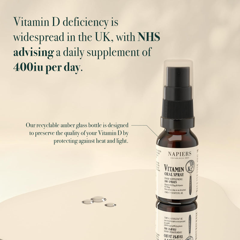 Napiers Vitamin D3 1000IU (25mcg) & K2 (50mcg) Oral Spray - High Absorption D3 Formula - Natural Ingredients - One-a-Day - 15ml (100 Sprays) Vitamin D3+K Spray