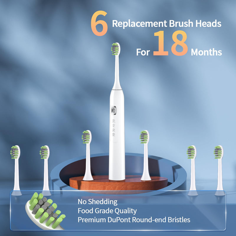 Electric Toothbrush for Adults, 42000 VPM Deep Clean Sonic Toothbrush with 6 Brush Heads, 4 Modes, 120-Day Battery Life, IPX7 Waterproof Rechargeable Toothbrushes Built-in Smart Timer (White)