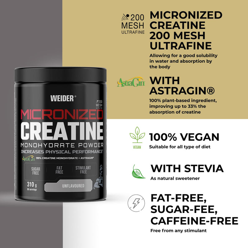 Weider Micronized Creatine Monohydrate Powder (310g) UnFlavoured, 99% Creatine Monohydrate 200 Mesh Ultrafine with AstraGin, No Sugar, No Fat, Vegan, Increases Physical Performance (90 Servings)