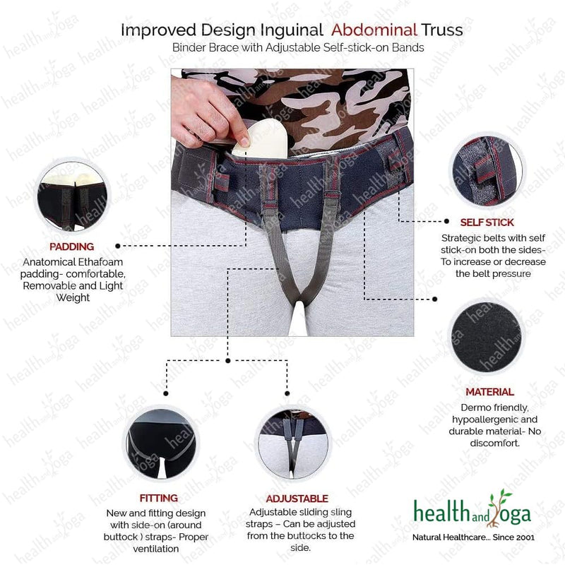 HealthAndYoga™ EasyPress New Comfortable Hernia Belt for Men – Inguinal Hernia Support Truss - Abdominal Binder Brace with Adjustable Self-Stick-on Bands (Medium) Medium
