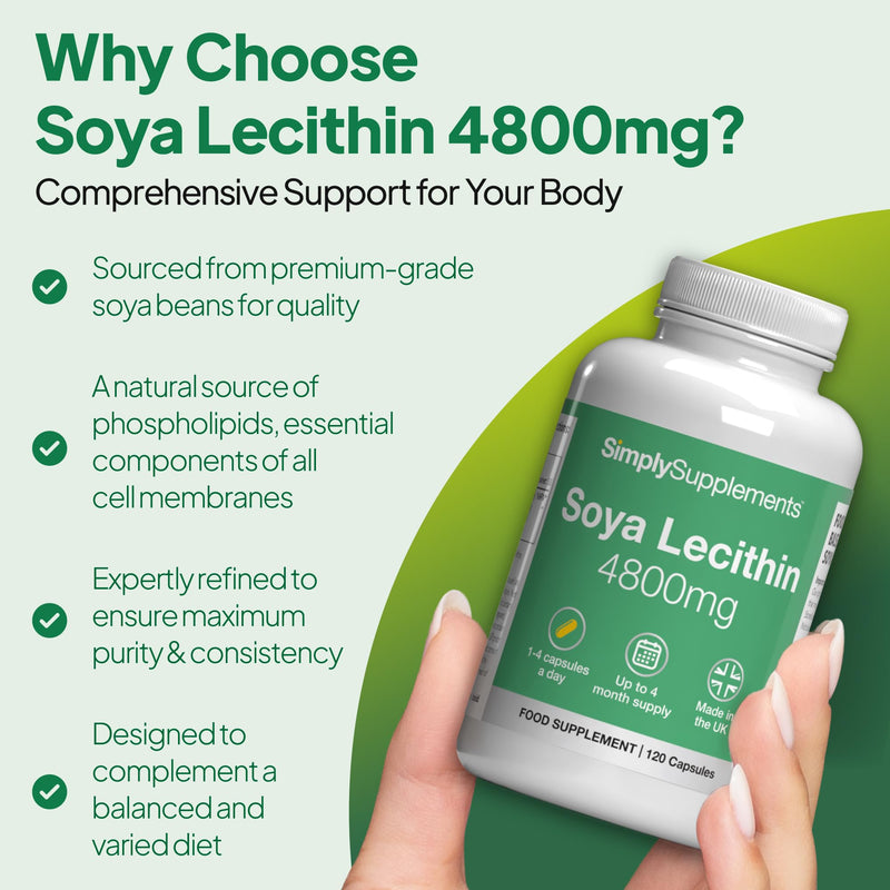 SOYA Lecithin 4800mg Capsules | High-Purity SOYA Lecithin | Contributes to Normal Cell Membrane Structure | 240 Capsules = Up to 8 Months’ Supply | UK Made | GMP-Certified 120 count (Pack of 2)