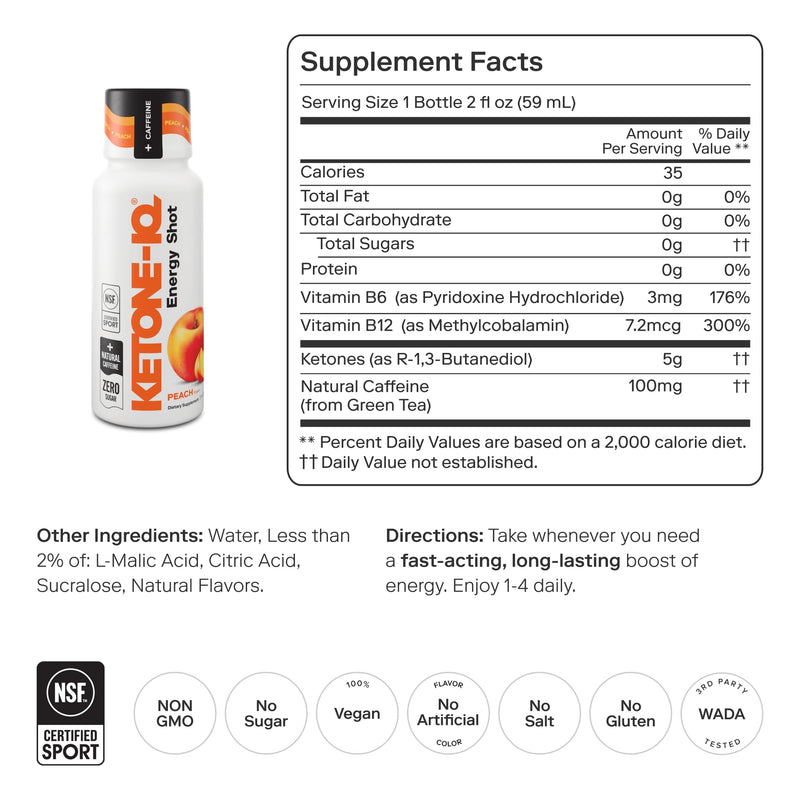 Ketone-IQ Caffeine Ketone Shots for Focus, Peach, 12 Pack | 5g exogenous ketones, 100mg green tea caffeine, B vitamins. Clean energy shot for focus, endurance and recovery. Sugar free. 2 Fl Oz (Pack of 12)
