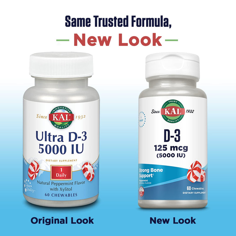 KAL Vitamin D3 Chewable Supplement - 5000 IU 125 mcg, High Potency Vitamin D Chewables, Healthy Teeth, Bone Strength and Immune Support, Natural Peppermint Flavor - 60 Count | High Potency Vitamin D Chewables, Healthy Teeth, Bone Strength and Immune Su...