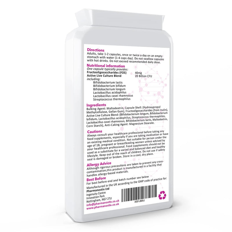 PharmaFlora 20 Billion CFU- 6 Friendly Strain Active Bacterial Cultures- 120 Vegan Targeted Release Capsules- Acidophilus -Bifidobacterium - Streptococcus Thermophilus - UK Manufactured