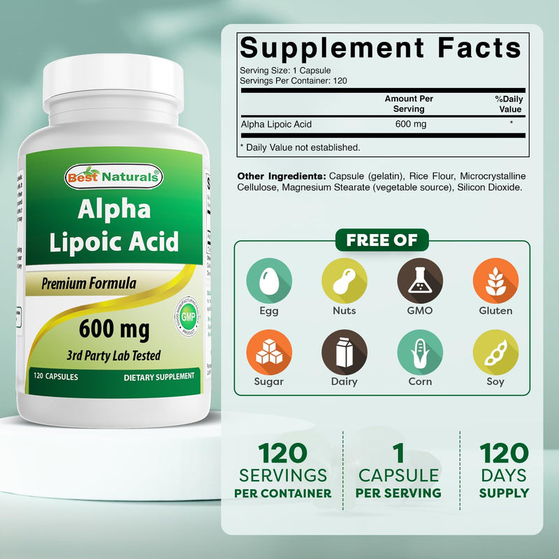 Best Naturals Alpha Liopic Acid 600 mg 120 Capsules - ALA Alpha Lipoic Acid Powerful Antioxidant (120 Count (Pack of 2))