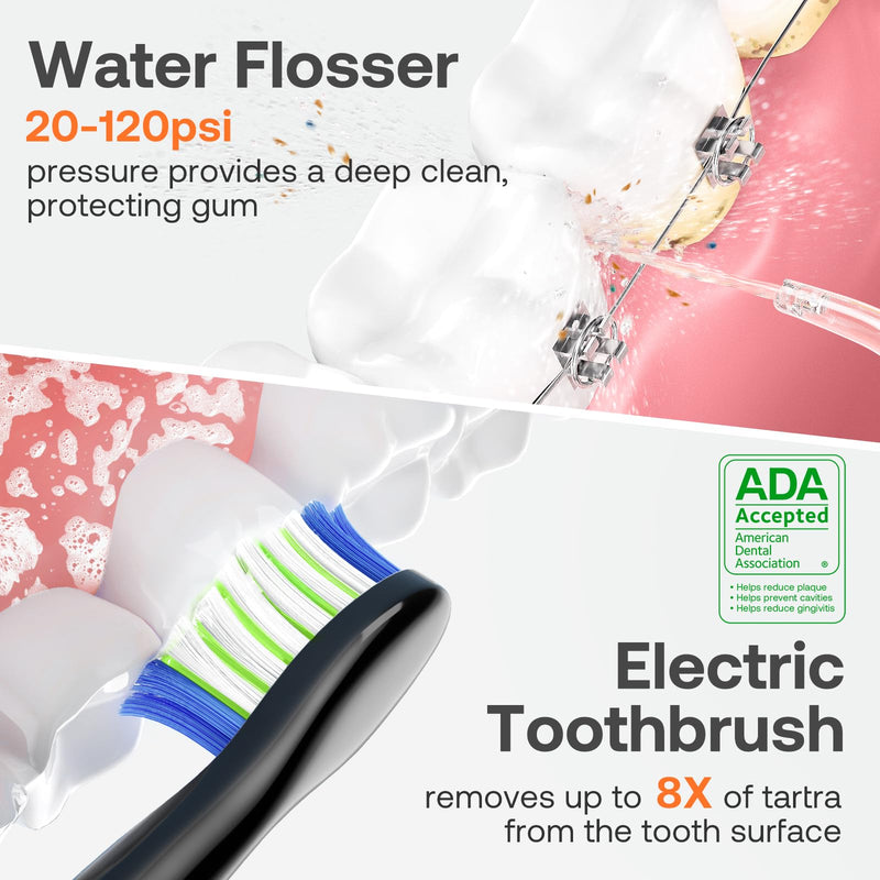 [Australia] - Bitvae Oral Irrigator and Electric Toothbrush Combination, 3 Modes & 5 Pressure Levels Wireless Oral Irrigator with 5 Modes Sonic Toothbrush, Includes 4 Toothbrush Heads and 4 Jet Tips, ElegantBlack Oral Irrigator + Electric Toothbrush Dark Black 