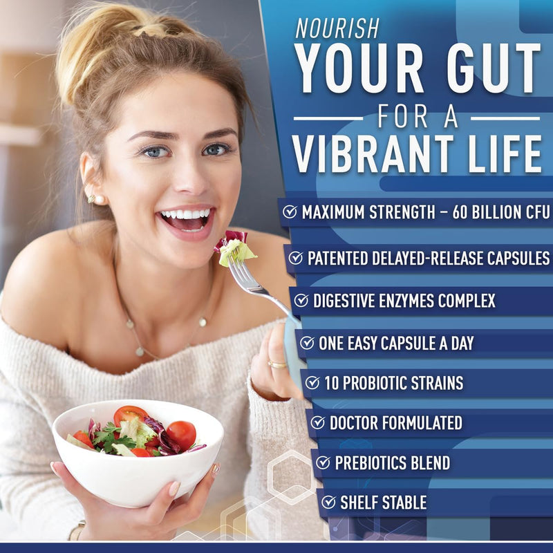 Purely Optimal Probiotics for Digestive Health, 60 Billion CFU – Delayed-Release with Digestive Enzymes & Organic Prebiotics – Bloating, Immune & Energy Support, 30 Caps Unflavored 30 Count (Pack of 1)
