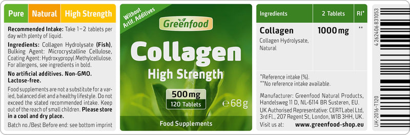 Greenfood Collagen, 500 mg, high dose, 120 Tablets - Natural Collagen hydrolysate. Without Artificial additives, Without Genetic Engineering.
