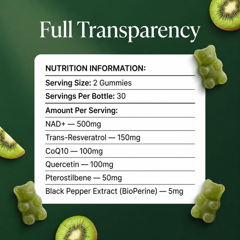 NAD+ Energy Gummies 500mg, NMNH Alternative Complex with Resveratrol, CoQ10, Quercetin, Pterostilbene & Vitamin B Complex, Cellular Energy, Anti Ageing 60 Vegan Kiwi Gummies