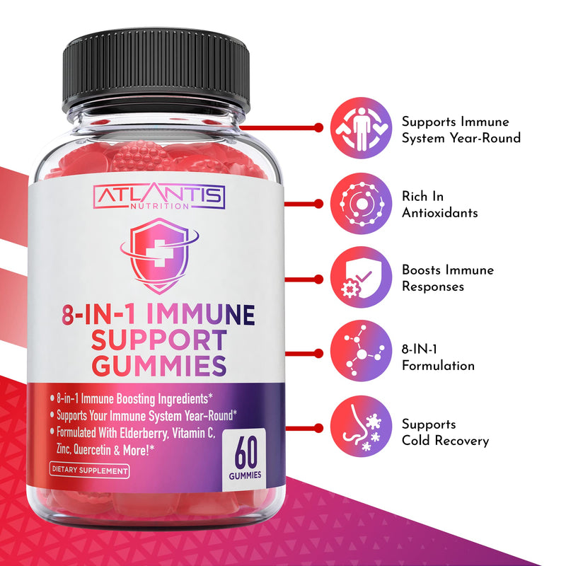 Atlantis Nutrition 8-in-1 Immune Support Gummies with Elderberry | Immune Supplement with Elderberry, Quercetin, Zinc, Vitamin C - Immunity Boosters for Adults & Kids - Delicious Flavor - 60 Count 60 Count (Pack of 1)