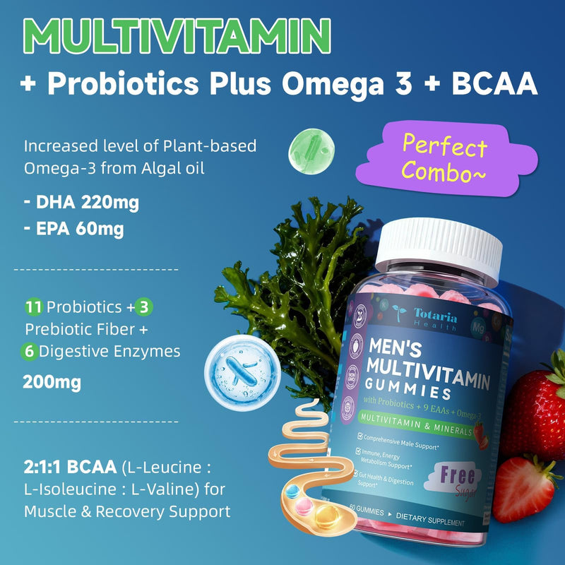 Totaria 2 Packs Sugar Free Multivitamin for Men with Omega 3, Probiotics, Mens Multivitamins Gummies w/Methylated B Complex, BCAA, Lycopene, Zinc, for Daily Energy, Immune, Heart, Iron Free 60 Count (Pack of 2)