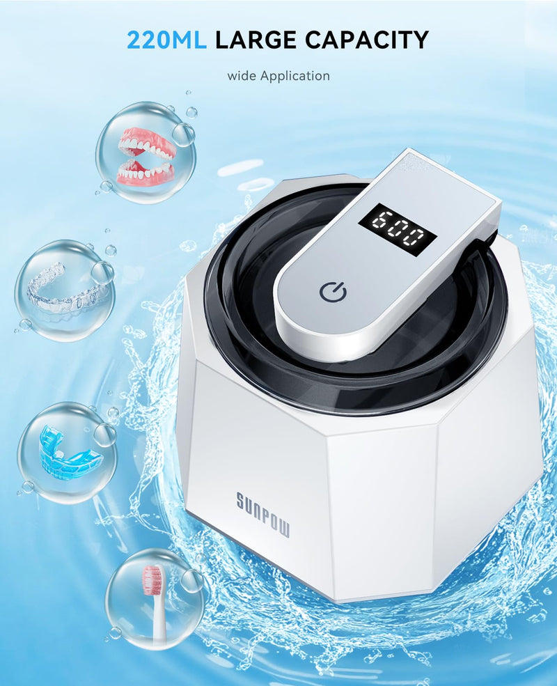 [Australia] - SUNPOW Dental Ultrasonic Retainer Cleaner Machine - 48kHz Retainer Cleaner with 5 UV Lights for Night Guards, Mouth Guards, Dentures- 220ML Dental Cleaning Pod Upgrade Design 