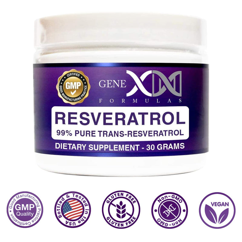 Genex Formulas Trans Resveratrol 1000mg Dose Powder Supplement, 30 Grams | 99% Pure Micronized Pharmaceutical Grade, 1 Gram Per Day 30-Day Supply, Made in a GMP & NSF Certified Facility