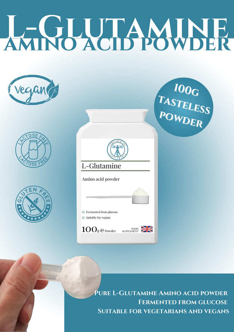 Pure L-Glutamine Amino Acid Powder - Unflavoured - Vegan - Free from Preservatives - Made in UK - 100g
