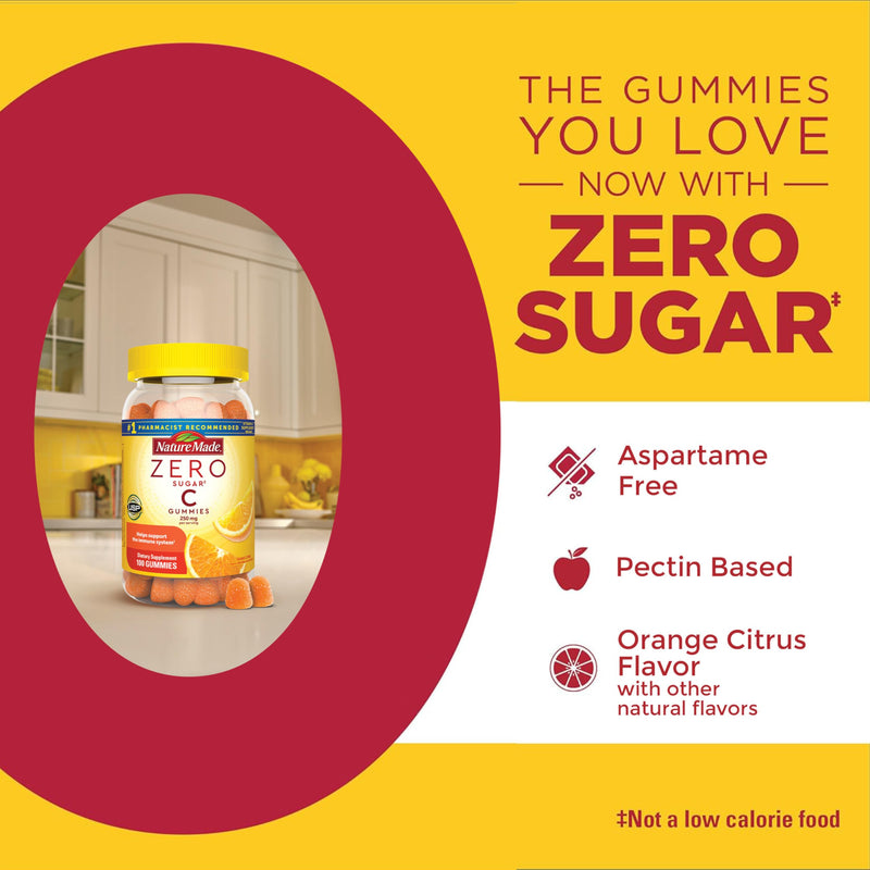 Nature Made Zero Sugar Vitamin C Gummies 250 mg per Serving, 100 Gummies | Sugar Free Vitamin C Gummies for Immune and Antioxidant Support, Aspartame Free, Orange Citrus Flavor, 50 Day Supply 100 Count (Pack of 1)