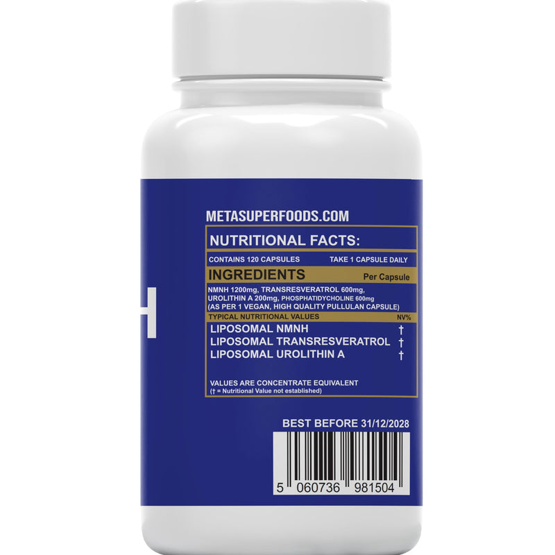 NMNH | 120 NAD+ Capsules | 2000mg 1-A-Day Tablet 4 Months Supply | NAD with Trans-Resveratrol & Urolithin A | Anti Ageing Liposomal Max Absorption | Vegan | No Fillers | UK Company