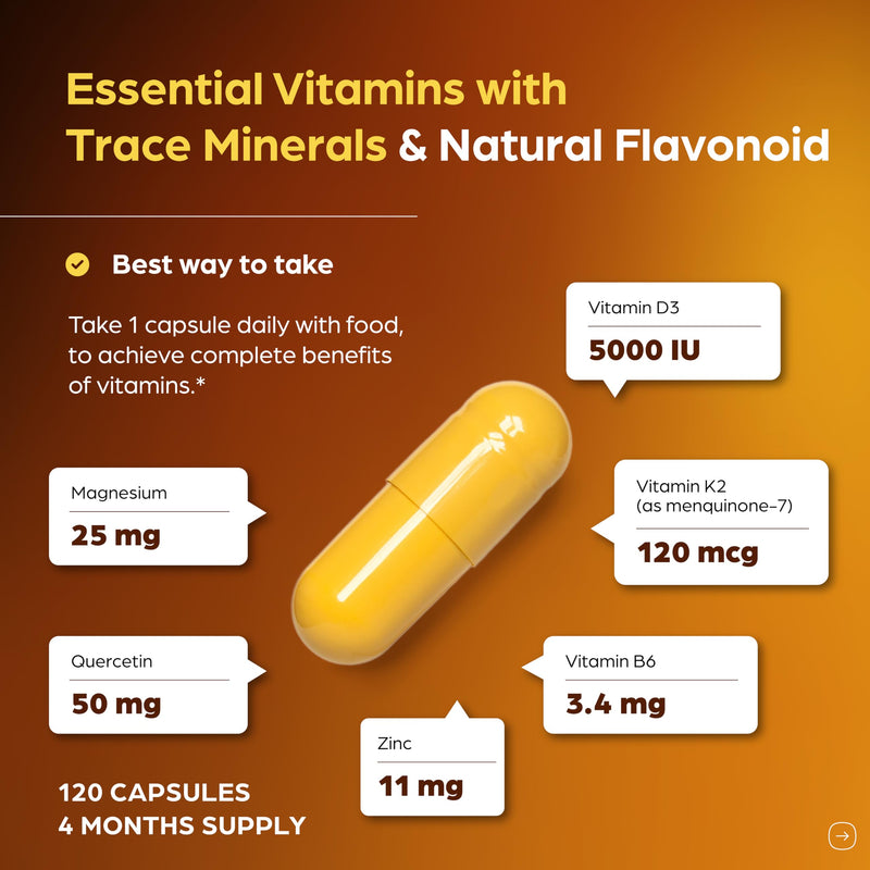 [Australia] - Sandhu's Vitamin D3 K2 Magnesium 5000 IU, 120mcg K2 Capsules 120 Count (Pack of 1) | with VIT B6, Zinc & Quercetin | D3K2 Supports Superior Absorption, Energy, Immune, Muscle Health for Men & Women 120 Count (Pack of 1) Vitamin D3 K2 5000 IU 