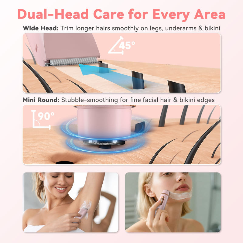 Dual-Head Bikini Trimmer for Women – 2-in-1 Electric Razor, IP67 Waterproof Wet & Dry Pubic Hair Trimmer, Face & Body Shaver with LED% Display, USB-C Rechargeable-X1 Pro Petal Pink