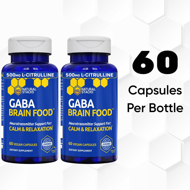 GABA Brain Food, Sleep & Relaxation Support with L-Citrulline, 120 Count | 633mg Gamma Aminobutyric Acid Supplement with Grape Seed Extract - Supports Sleep Function & Mood - Natural Stacks 60 Count (Pack of 2)