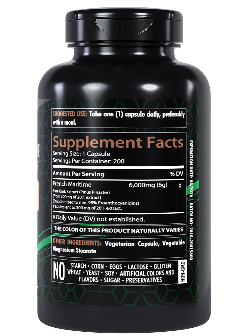 [Australia] - French Maritime Pine Bark Extract Organic | 6000 mg | 200 Capsules | Standardized to Contain 95% Proanthocyanidins | Non-GMO Gluten Free | Ultra High Purity Max Potency Extract Formula 