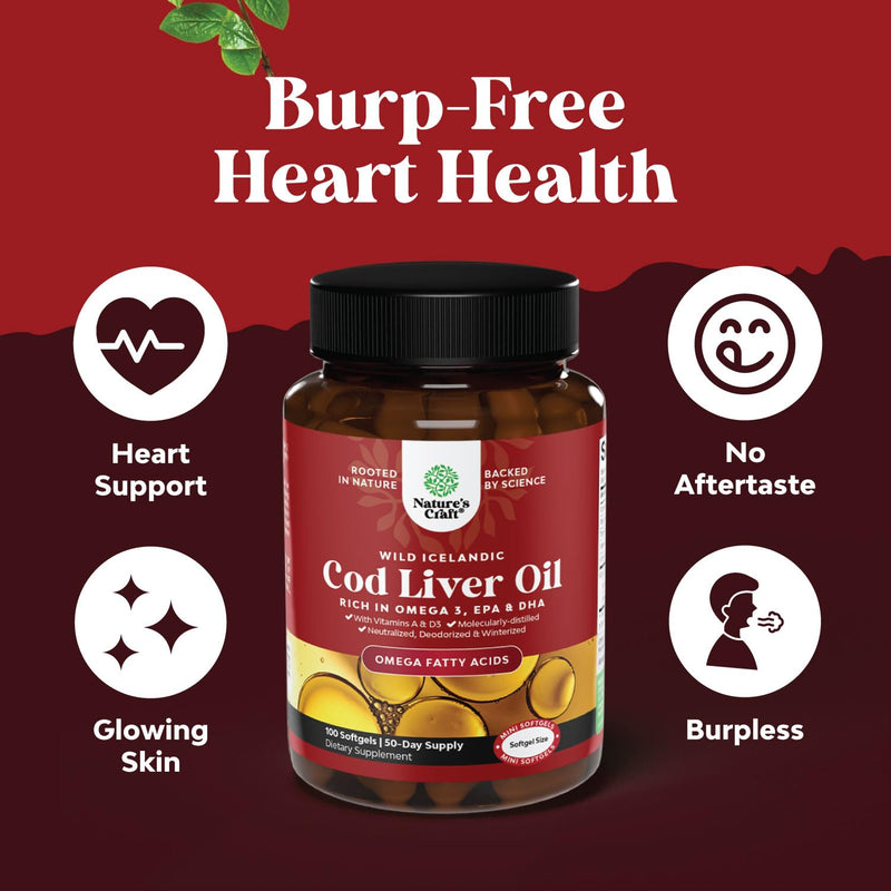 [Australia] - Icelandic Cod Liver Oil Softgels - Wild Caught EPA DHA Omega 3 Fish Oil 1000mg per serving - Sustainably Sourced Burpless Fish Oil Supplement with Vitamin D3 & A for Heart Joint Brain & Immune Support 100 Count (Pack of 1) 