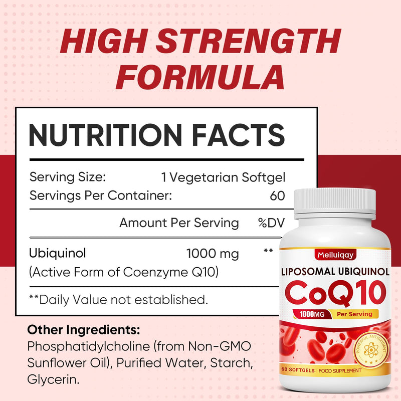 CoQ10 Supplement 1000 mg, 60 Softgels, Liposomal Ubiquinol Vegan Supplement-Heart & Energy Support, High Strength Coenzyme Q10, Non-GMO & Gluten Free