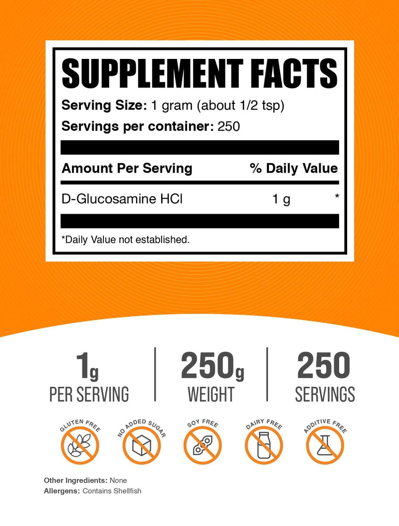 [Australia] - BulkSupplements.com Glucosamine HCl Powder - Glucosamine Supplement, Joint Support Supplement - Gluten Free, 1g per Serving, 250g (8.8 oz) (Pack of 1) 8.82 Ounce (Pack of 1) 