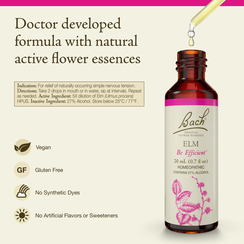 [Australia] - Bach Original Flower Remedies, Elm - Be Efficient - Natural Homeopathic Flower Essence for Emotional Balance - Vegan, Gluten Free, Sugar Free - 20mL Dropper 