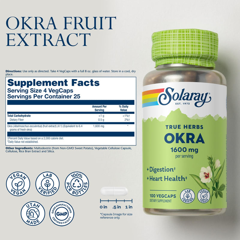 [Australia] - SOLARAY Okra Fruit 1600 mg - High Fiber Supplement for Wellness Support - Rich Source of Soluble Fiber - Equivalent of 6.4 g Fresh Okra per Serving, Vegan, 60-Day Guarantee - 25 Servings, 100 VegCaps 