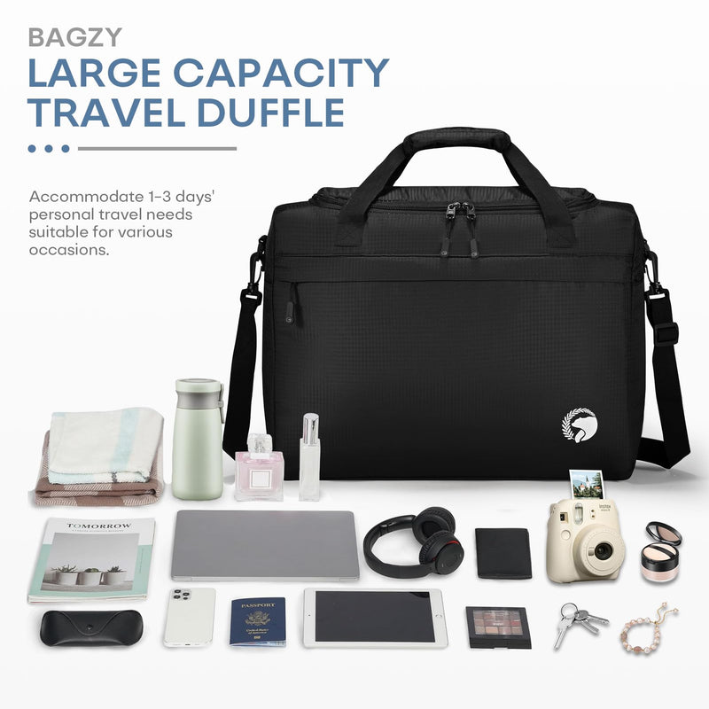 40x30x15cm Personal Item Travel Bag 16x12x6 inch Lightweight Gym Bag Foldable Duffle Bag Mens Water-resistant Weekender Bags for Women for Overnight Hospital Carry on Bags for Airplanes Black