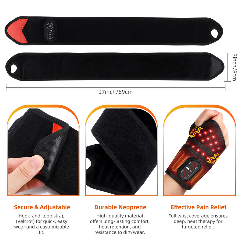 Cordless Wrist Hand Heating Pad Massage for Pain Relief, Rechargeable Heated Wrist Brace for Carpal Tunnel, Red Light Therapy Heated Wrist Massager Wrap for Arthritis, Black