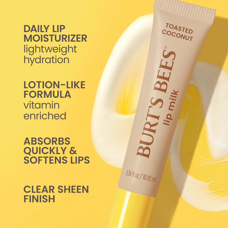 Burt’s Bees Lip Milk, Daily Lip Moisturizer, Toasted Coconut, Vitamin Enriched Moisturizing Lip Balm with Almond Milk and Jojoba Oil, Hydrating for Softer Lips, 1 Tube, 0.34 Fl Oz 1 Count (Pack of 1)