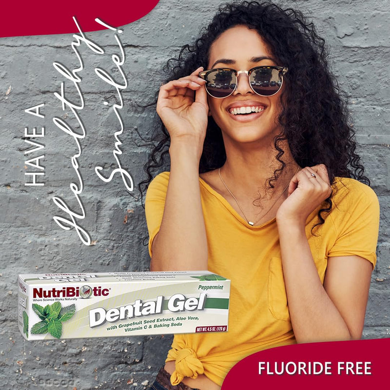 NutriBiotic Dental Gel, Golden Peppermint with GSE & Aloe - 4.5 oz | Fluoride Free, Vegan, Grapefruit Seed Extract, Vitamin C Enriched, Baking Soda Blend, Whole Family Use, Non Abrasive Formula