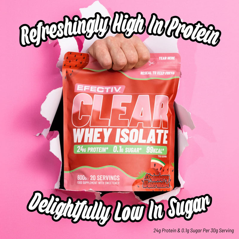 Efectiv Nutrition Clear Whey Isolate Protein Powder 600g - Whey Isolate with 24g Protein per 30g Scoop, Less Than 100 Calories - Juicy Alternative (600g, Strawberry Watermelon)