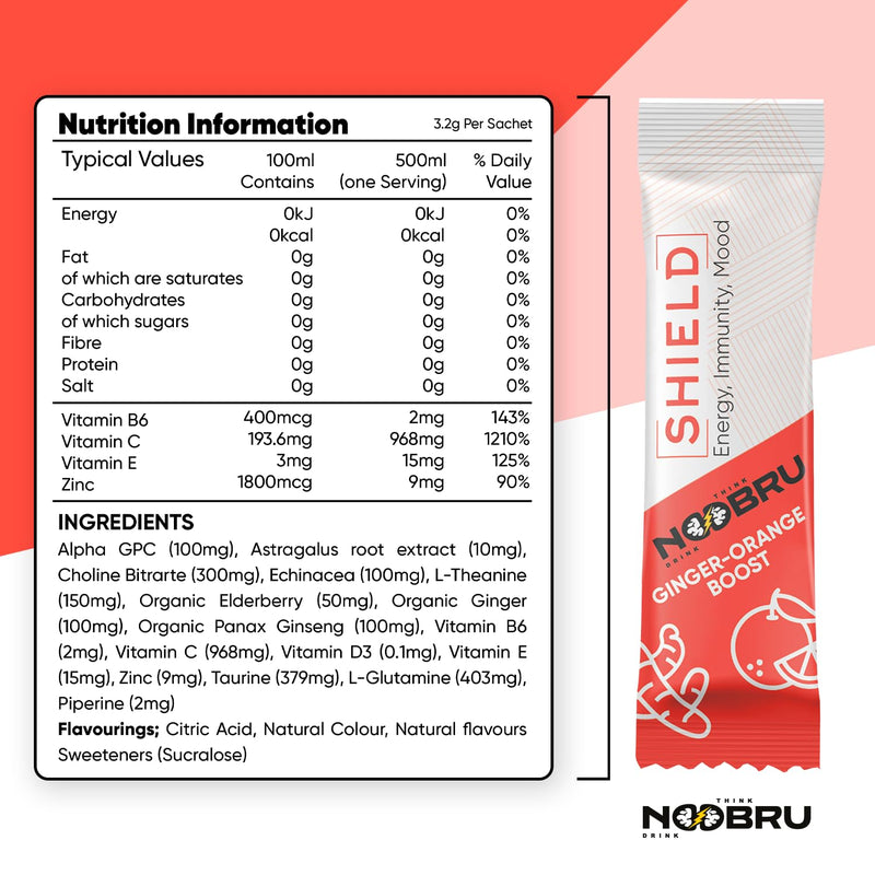 Noobru Shield with Vitamin C Powder and Ginger - Immune System Booster for Perfect Health Condition - Vitamins Blend for Your Body - Nootropic Food Supplements for Sharp Concentration and Quick Mind