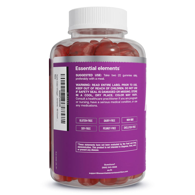Essential Elements Apple Cider Vinegar Gummies from The Mother - Naturally-Sourced, Vegan ACV with Folic Acid and Vitamin B6 & B12 (2 Pack) Red Apple 60 Count (Pack of 2)