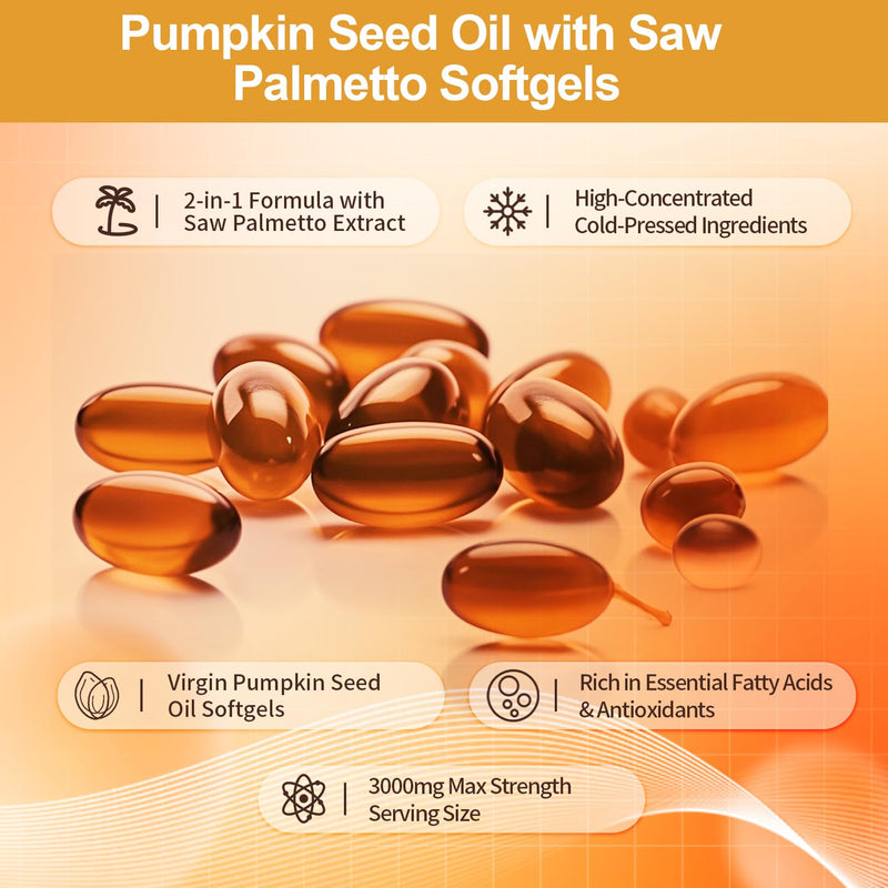 [Australia] - J-PRQ Pumpkin Seed Oil with Saw Palmetto- 180 Softgels - 3000mg -Cold Pressed - Pure Virgin Oil - Essential Fatty Acids & Phytosterols - Supports Hair - Urinary - Bladder & Prostate Health - Non-GMO 