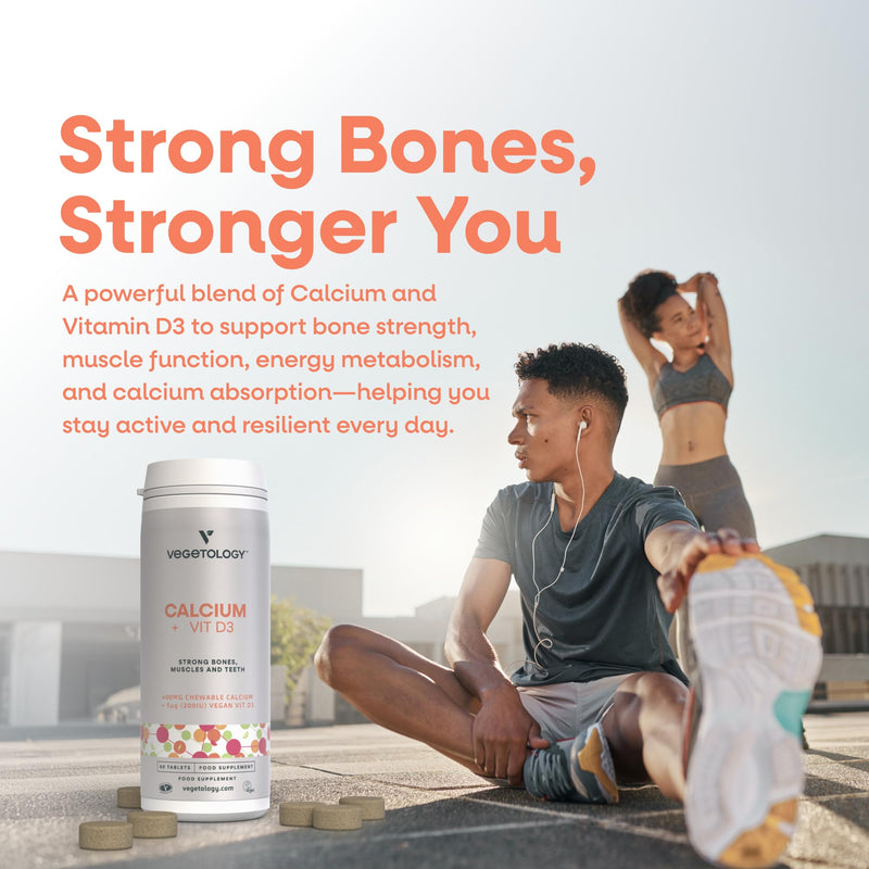 Vegetology Calcium Tablets and Vitamin D3, Chewable Vegan Supplement, Helps Maintain Strong Bones and Support Muscle Function, 60 Count, Age 11+