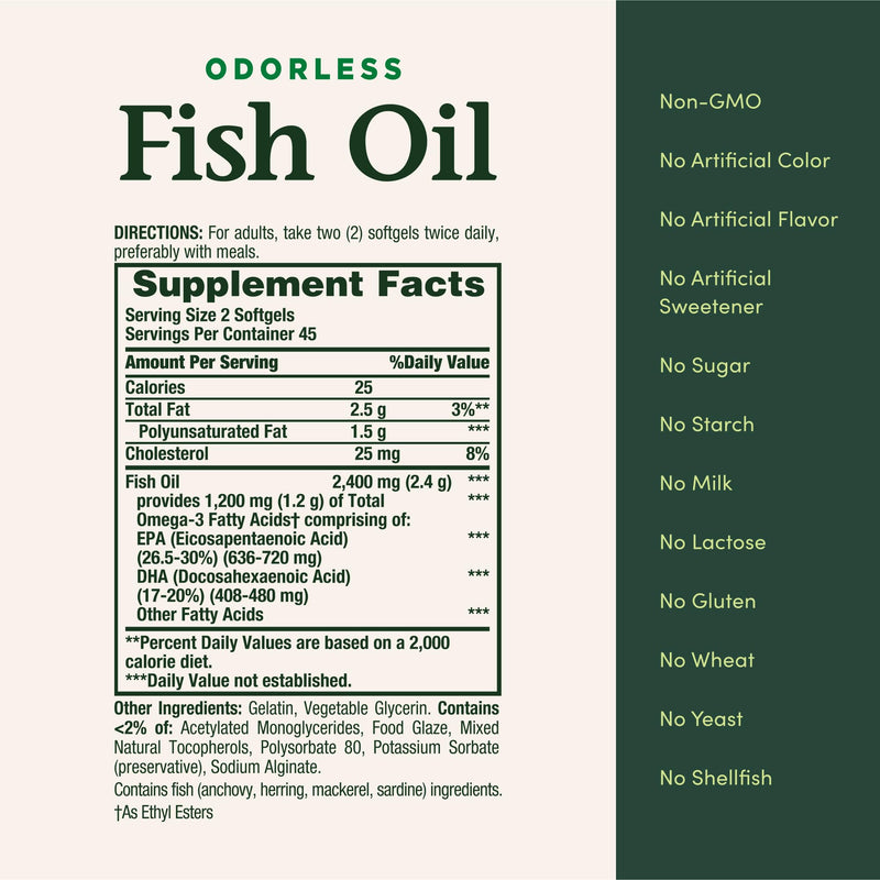 Nature's Bounty Odorless Fish Oil, 1200mg Omega-3 per Serving Including EPA & DHA, Supports Heart Health, Purified to Eliminate Mercury, Coated Softgels, Gluten Free, No Shellfish, 90 Ct 90 Count (Pack of 1)