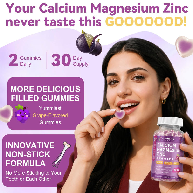 Totaria Sugar Free Calcium Magnesium Zinc Gummies for Women Men, 19-in-1 Ultimate Absorption Calcium 1200 mg Supplements with Vitamin D3 K2, Boron, B12, Ashwagandha, for Bone, Teeth, Calm, Vegan Grape 60 Count (Pack of 1)