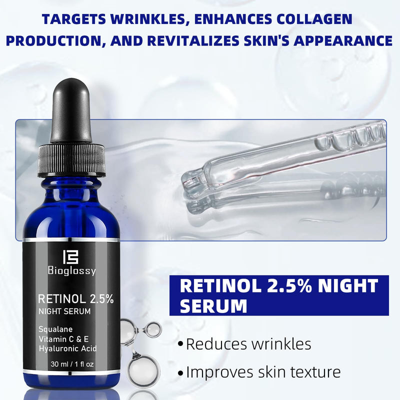 Retinol Serum for Face, 2.5% Retinol Intense Night Serum with Squalane,Vitamin C & E & B3,Hyaluronic Acid for Lines, Wrinkles & Premature Sun Damage to Resurface & Hydrate 30 ml/ 1 Fl oz Retinol Serum for Face