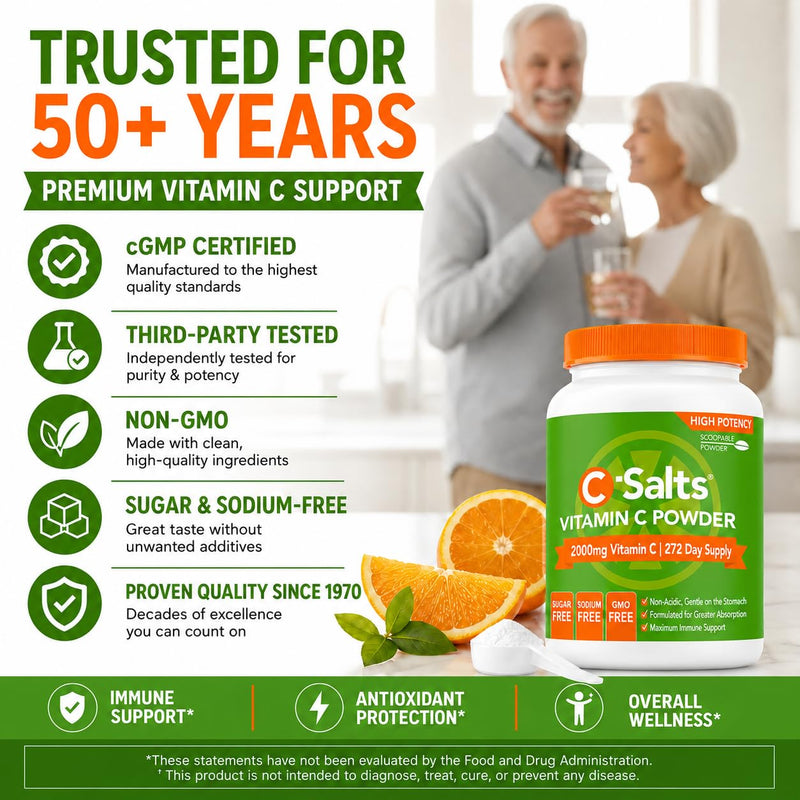 C-Salts Buffered Vitamin C Powder - Pure Organic, Stomach Friendly Ascorbic Acid VIT C Drink for Daily Immune Support & Collagen Production - Vegan Non GMO Sugar Free - 272 Servings Original, 26oz 26 Ounce (Pack of 1)